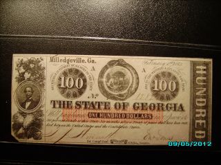 1863 $100 The State Of Georgia,  Milledgeville Civil War Era Note Authentic photo
