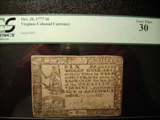 1777 Virginia Colonial Currency $6 Spanish Milled Dollars Pcgs Certified Vf30 photo