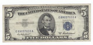 $5.  Blue Seal 1953a Silver Certificate Five Bill E89057033a Old Paper Currency photo