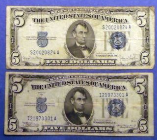 One 1934a $5 & One 1934d $5 Blue Seal Silver Certificates (i21973301a) photo