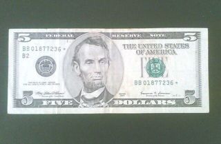 1999 $5 Dollar Federal Reserve Star Note S/n Bb 01877236 photo