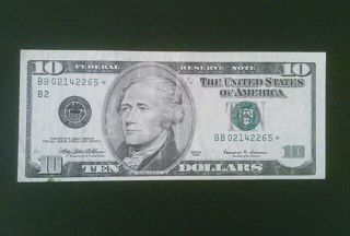 1999 $10 Dollar Federal Reserve Star Note S/n Bb 02142265 photo