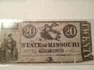 1862 $20 State Of Missouri Obsolete Bank Note photo