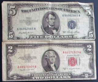One 1953 $5 Silver Certificate & One 1953b $2 United States Note (a66575909a) photo