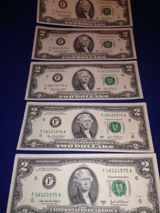 (5) Consecutive Serial 2003 $2 Dollar Bills Two Dollar Bank Note Atlanta photo