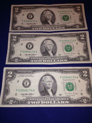 (3) Consecutive Serial 1995 $2 Dollar Bill Two Dollar Bank Note photo