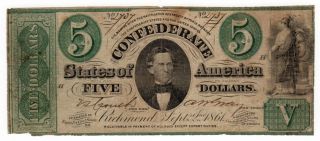 1861 $5 T - 33 The Confederate States Of America Civil War Era photo