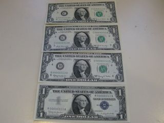 Four Low Serial Number Three Digit ' 00000313 ' Matching $1.  00 Bills - Uncirculated photo
