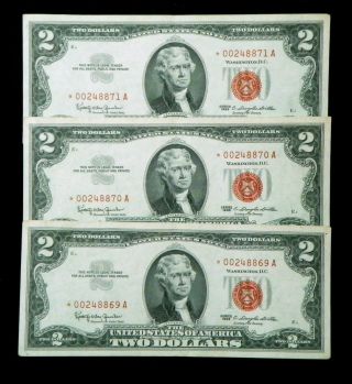 Star (3) Consecutive 1963 $2 Two Dollar Note Bill Red Seal photo
