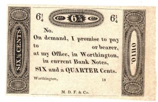6.  25¢ Worthington Ohio 1810 - 1820 Draper Obsolete Paper Money Bill Note Currency photo