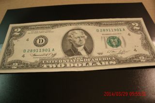 1976 $2 Federal Reserve Note Green Seal Au/crisp Block D/a Neff/efsimon photo