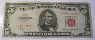 1963 Five Dollar Red Seal United States Note Paper Money Currency (19b) photo