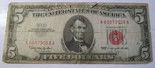 1963 $5 Five Dollar Red Seal United States Note Paper Money Currency (19d) photo