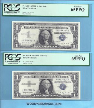 1957 - B Silver Certificates 2 Consec Fr - 1621 - A Block Pcgs 65 Gem - 6227 - 28 photo