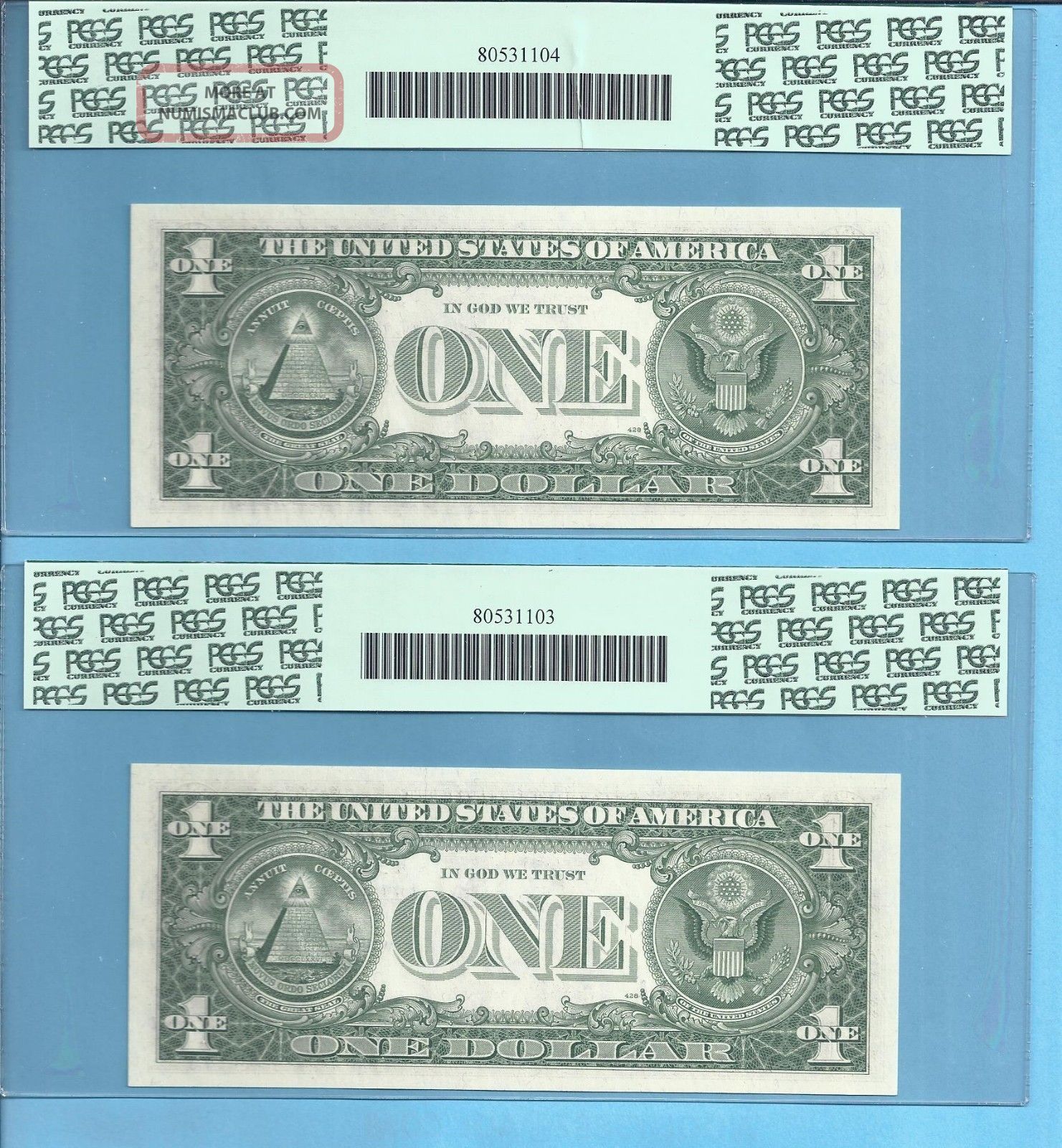 1957 B Silver Certificates 2 Consec Fr 1621 A Block Pcgs 65 Gem