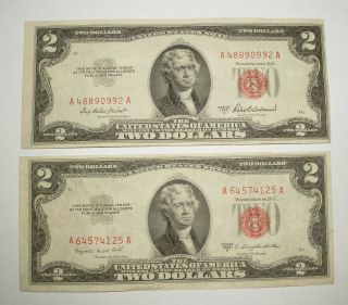 Pair Vintage U.  S.  1953 A And 1953 B Two 2 Dollar United States Note,  Uncirculated photo