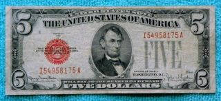 1928f $5 Five Dollar Red Seal Note Bill Ia Block - Rs6 photo
