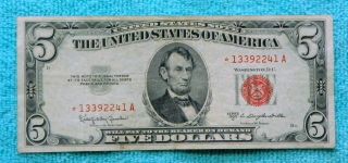 1953c $5 Star Red Seal Note A Block Dollar Bill photo