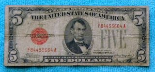 1928c $5 Five Dollar Red Seal Note Bill Fa Block - Rs2 photo