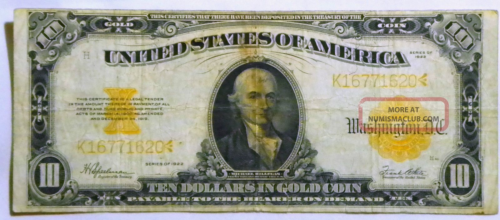 1922 $10 Gold Certificate Gold Coin Large Size Note Speelman White K16771620 Large Size Notes photo