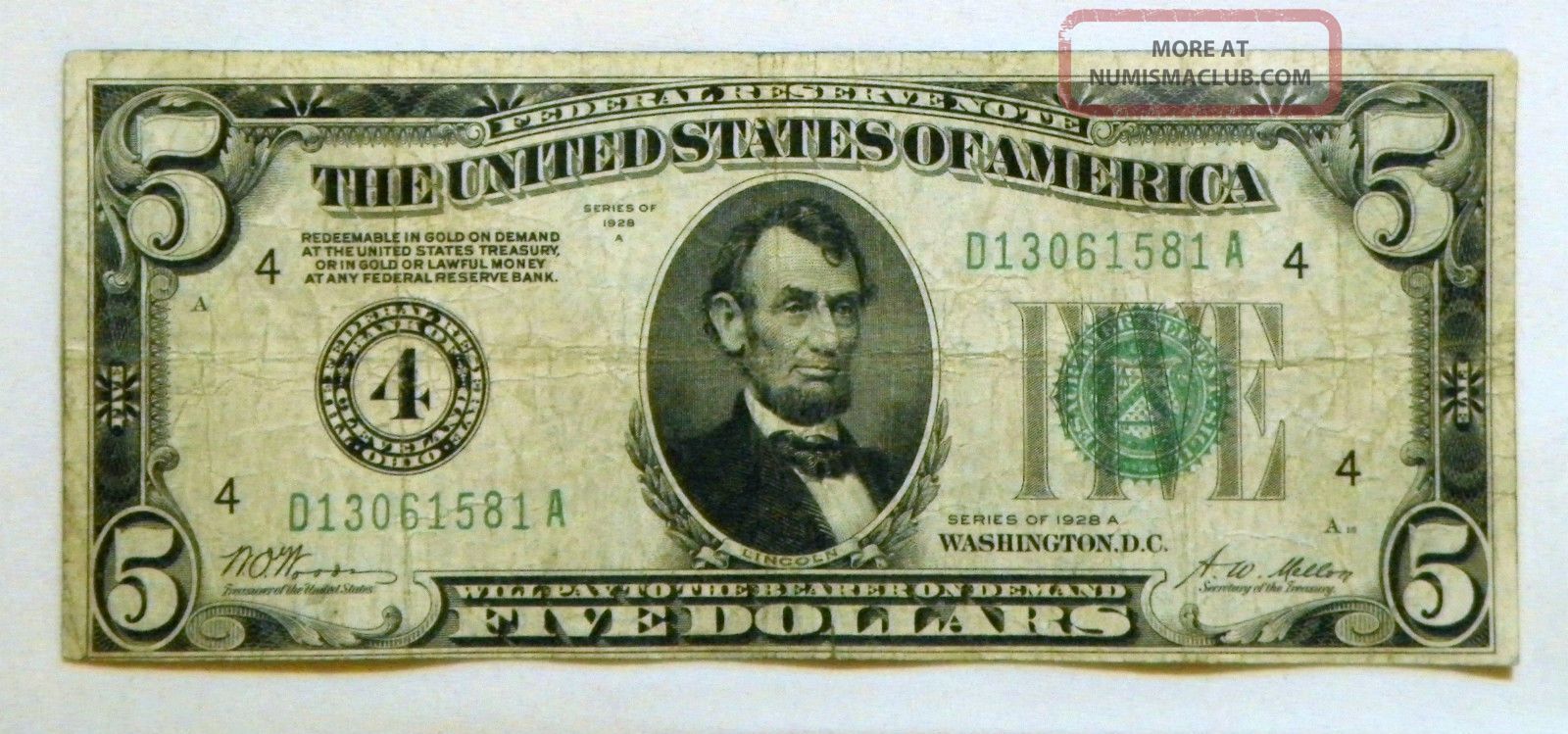1928a $5 Redeemable In Gold On Demand Note Woods - Mellon Da Block Number 4 Small Size Notes photo