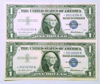 Star Consecutive (2) 1957 $1 One Dollar Silver Certificates photo