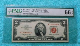 1963 $2 Pmg 66 Epq Gem Uncirculated Aa Block Red Seal Note Two Dollar Bill photo