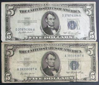 Two 1953 $5 Blue Seal Silver Certificates (a39339387a) photo