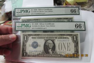 1928 - A Silver Certificates Pmg Gem 66 Certified Consecutive Pair Funnybacks photo