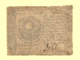 1778 $30 Continental Currency Early Colonial History Fine Collectible photo
