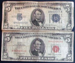 One 1934d $5 Silver Certificate & One 1963 $5 United States Note (a44336918a) photo