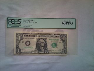 1988 Us$1 Federal Reserve Note Pcgs Graded Choice 63 Ppq Jb Block photo