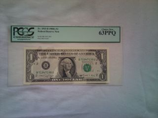 1988 A Us$1 Federal Reserve Note Pcgs Graded Choice 63 Ppq Bu Block photo