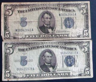 One 1934c $5 & One 1934d $5 Blue Seal Silver Certificates (u68455978a) photo