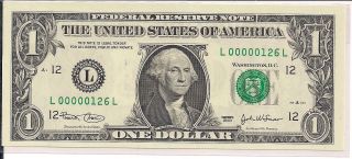 Very Low 3 Digit Serial Number 00000 126 $1 Dollar Bill Note 2003 Gem Cu Rare photo