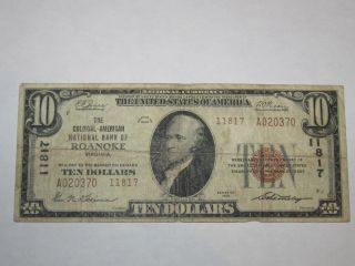 $10 1929 Roanoke Virginia Va National Currency Bank Note Bill Ch.  11817 photo