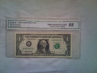 1999 Star Us$1 Federal Reserve Note Cga Graded Gem Uncirculated 68 Opq A Block photo