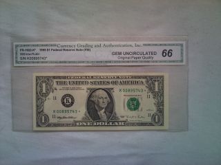 1995 Star Us$1 Federal Reserve Note Cga Graded Gem Uncirculated 66 Opq K Block photo