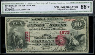 $10 1875 Vincennes In Cga 66 Opq Spectacular Ultra Gem photo