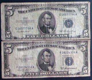 One 1953 $5 & One 1953a $5 Blue Seal Silver Certificates (f28224316a) photo