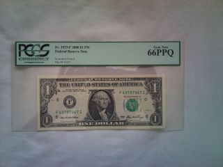 2006 Us$1 Federal Reserve Note Pcgs Graded Gem 66 Ppq Fi Block photo