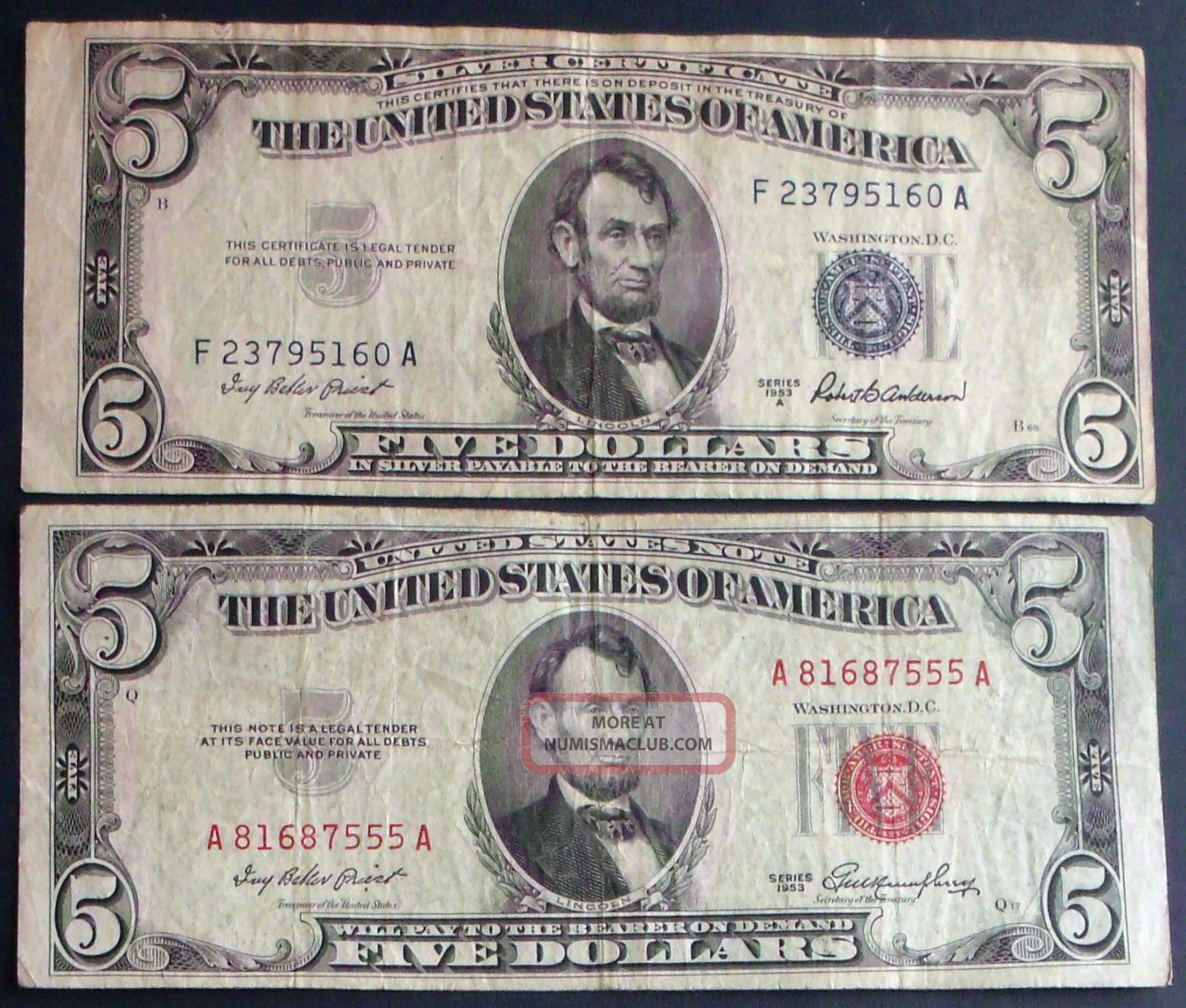 One 1953a $5 Silver Certificate & One 1953 $5 United ...