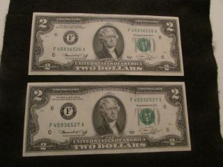 2 - $2 Bills In Uncirculated With Consecutive Serial Numbers 1976 photo