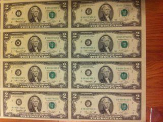 2009 Uncut Sheet $2 X 8 Early Release Crisp 2 Dollars Legal Usa Unc Bills - Gift photo