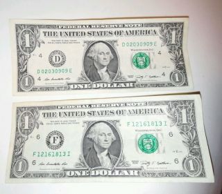 Two (2) Repeating Serial Number $1.  00 Bill ' S.  In Good Circulated. photo