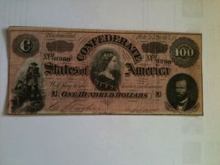 1864 $100.  00 Confederate Currency Note T - 65/ Dark Red Variety photo