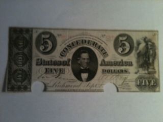 $5 Confederate States Of America Note T - 34 / 1861 photo