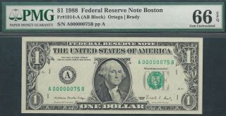 $1 1988==two - Digit Serial==number 75==a00000075b==pmg Ch Unc 66 Epq photo