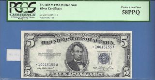 1953 $5 Silver Certificate Star Note Fr 1655 - Pcgs 58 Ppq photo