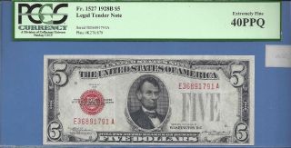 1928 - B $5 United States Note Fr 1527 - Extremely Fine Pcgs 40 Ppq photo